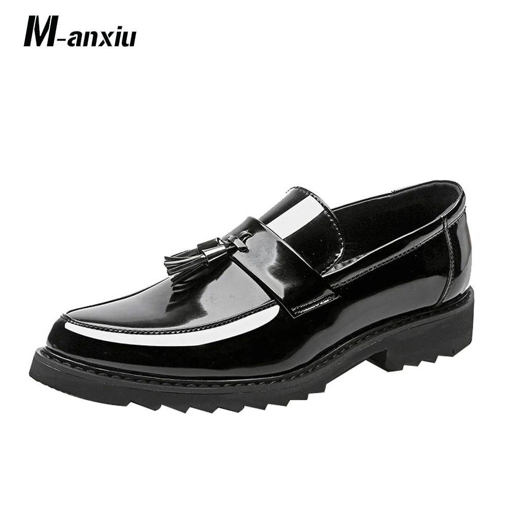 M-anxiu British Fashion Patent Leather Men's Shoes Personality Tassel One Foot Leisure Outdoor Classic Popular Lazy Party Shoes