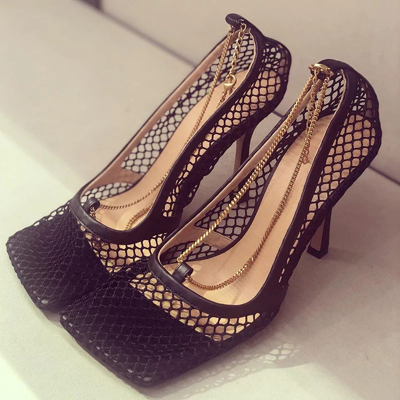 Jady Rose Sexy Mesh Women Pumps Square Toe 9CM High Heels Chain Decor Wedding Dress Shoes Woman Valentine Shoes Ladies Stiletto