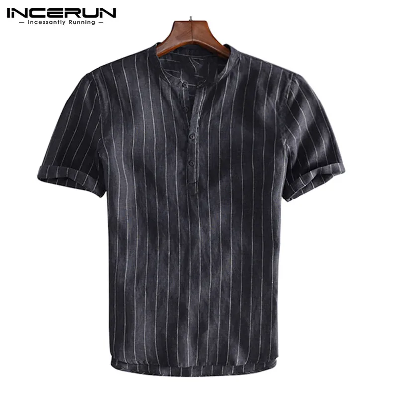 Fashion Men Pullover Shirts Short Sleeve Striped V Neck Men Casual