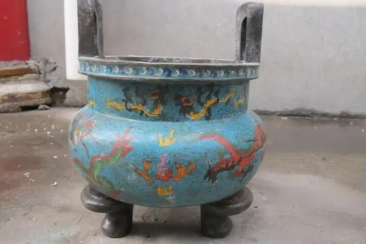 

Royal Temple pure Bronze cloisonne Dragon Three-legged incense burner Censer