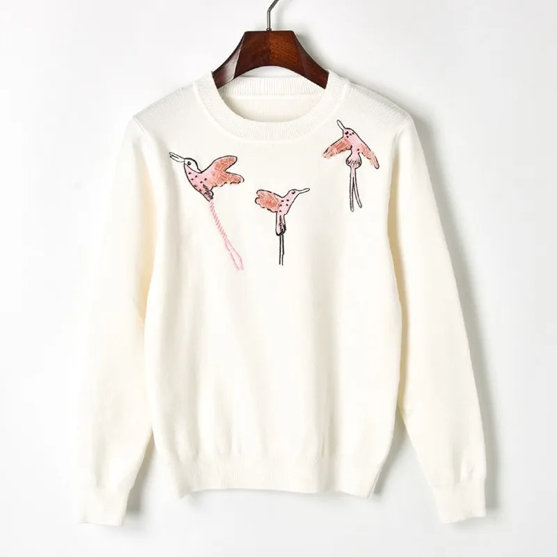 

Fahsion Crew Neck White Sweater Women 2018 Winter New Hand Embroidered Beaded Brid O-Neck Knit Sweater Women Causal Pullover Top