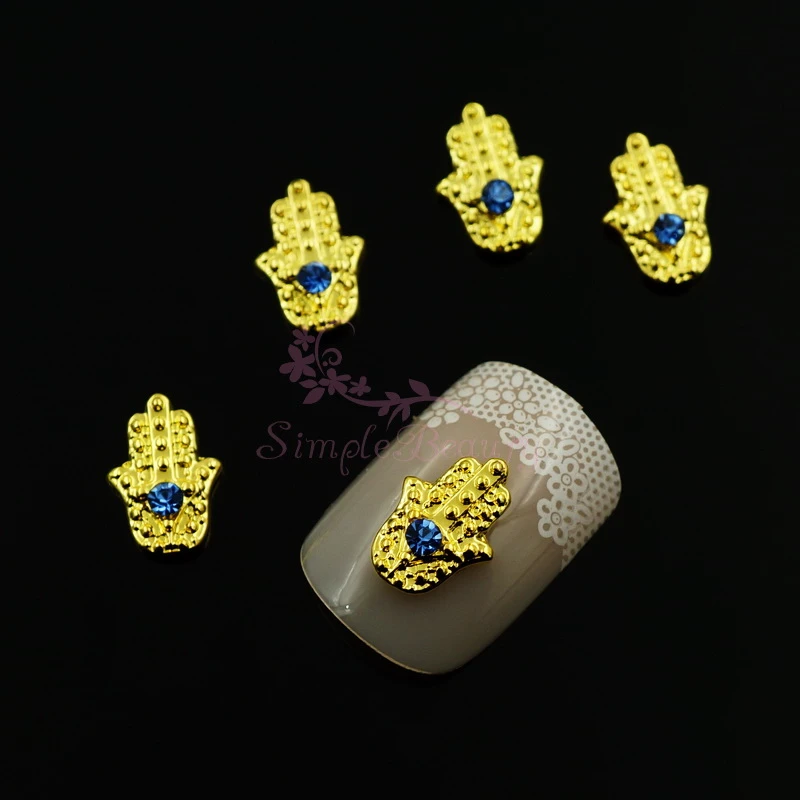 100PCS/LOT Blue Rhinestones Evil Eye Hamsa Gold Tone Metal Alloy Charms  Nail Art Jewelry Craft DIY Design Decorations Wholesales