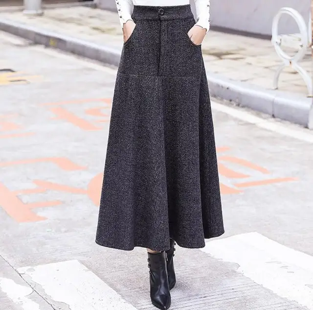 Vintage Striped Woolen Skirts Women Winter 2018 Fashion High Waist Office Wool Warm Pleated Long Skirt Casual Ladies Saia Longa gray