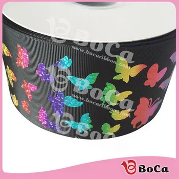 

Wholesales 100 yard 3" rainbow color butterfly ribbon hologram foil printed grosgrain ribbon