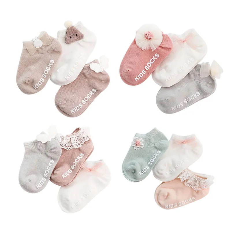

3Pcs Summer Toddler Solid Lace Bow Socks Kids Baby Boys Girls Cotton Breathable No-Slip Indoor Walk Short Socks 0-3 Years Age