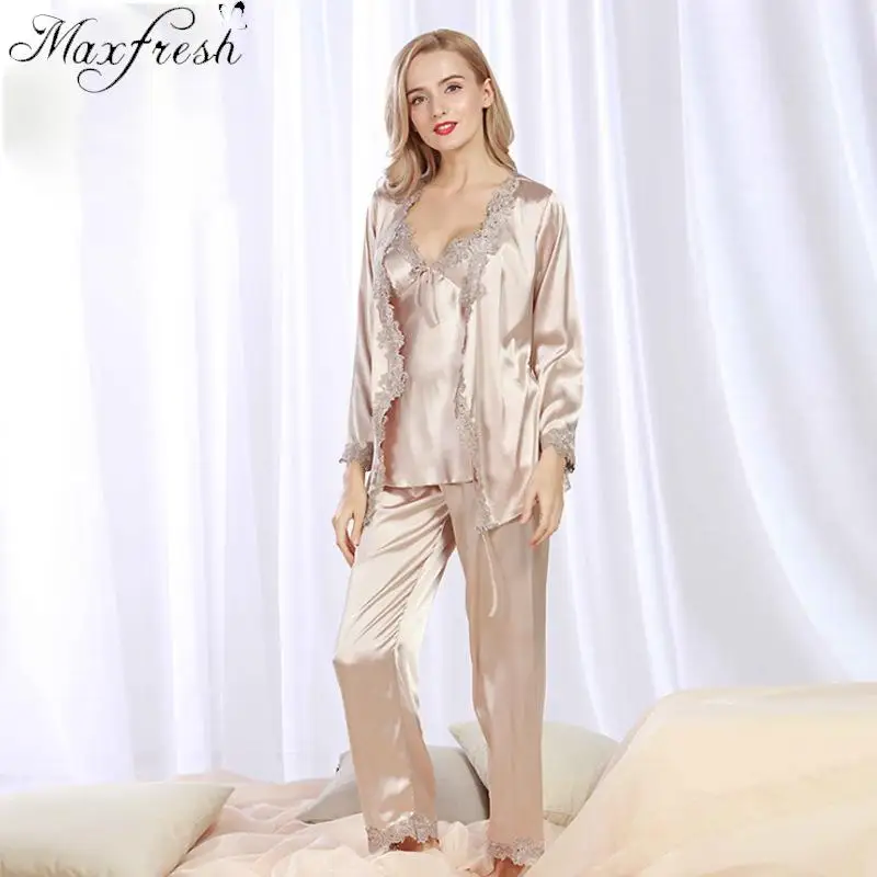 Maxfresh осень для женщин пижамы с длинными рукавами дамы три комплекта шелковые