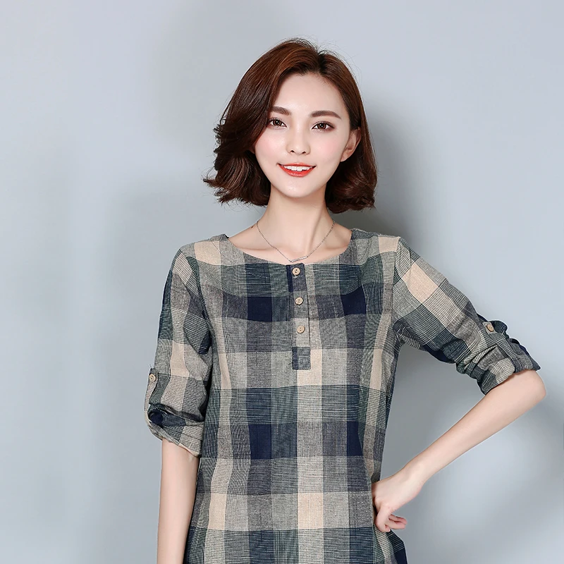 

2017 new Plaid Shirt Women Cotton Linen Blouse 2017 Autumn Long Sleeve Checked Shirts Female Casual Tops Blusas Femininas 926F