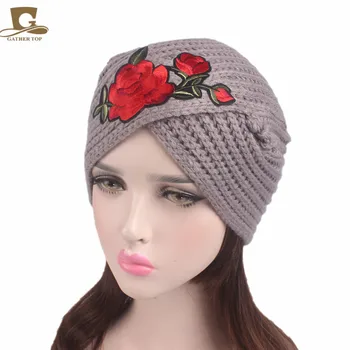 

New fashion Ladies rose flower embroidery Winter Warm Floral Turban Soft Knit Headband Beanie Crochet Headwrap Women Cap
