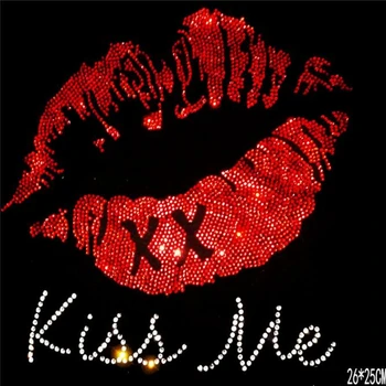 

Hot fix rhinestone iron on Appliques Clothes Embroidered Red Lip patches for women clothing DIY Motif Applique Heat Transfer