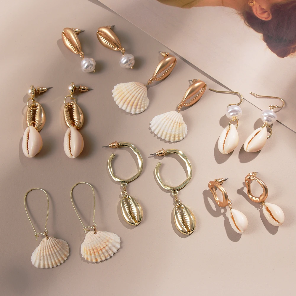 

13 Style Sea Shell Earrings For Women Gold Silver Color Metal Shell Cowrie Statement Earrings 2019 Summer Beach Jewelry