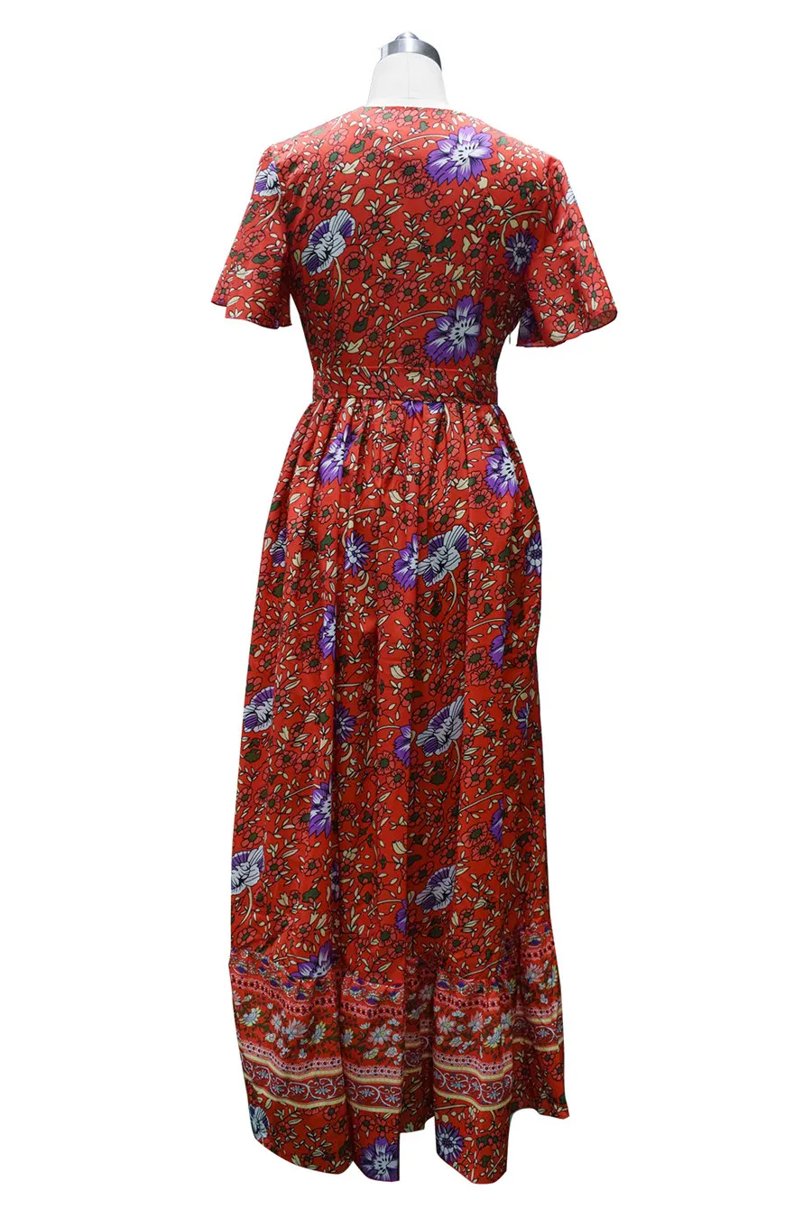 Gladiolus Bohemian Women Summer Dress Short Sleeve V Neck Floral Print Belt Tunic Split Sexy Beach Dresses Women 2019 Maxi Dress (27)