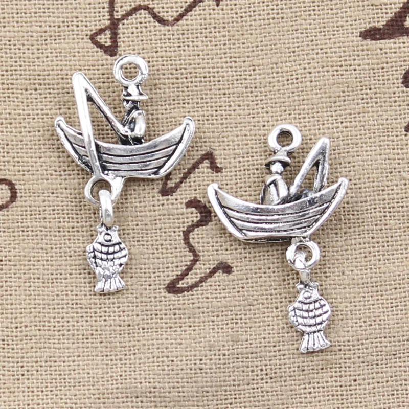 12pcs Charms fisherman fishing boat 31x19mm Antique Silver Plated