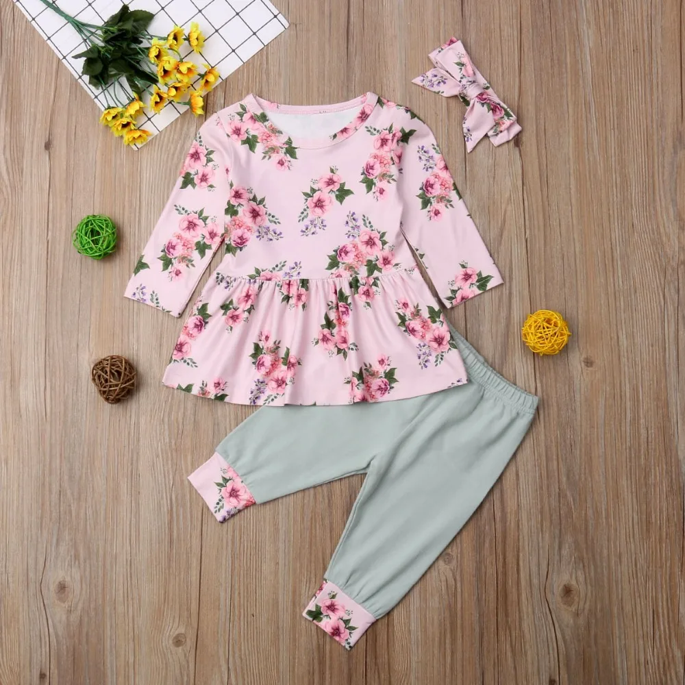 Комплект одежды для маленьких девочек Детская футболка с длинными рукавами для малышей Топы, длинные штаны с цветочным рисунком повязки на голову, комплект хлопковой одежды