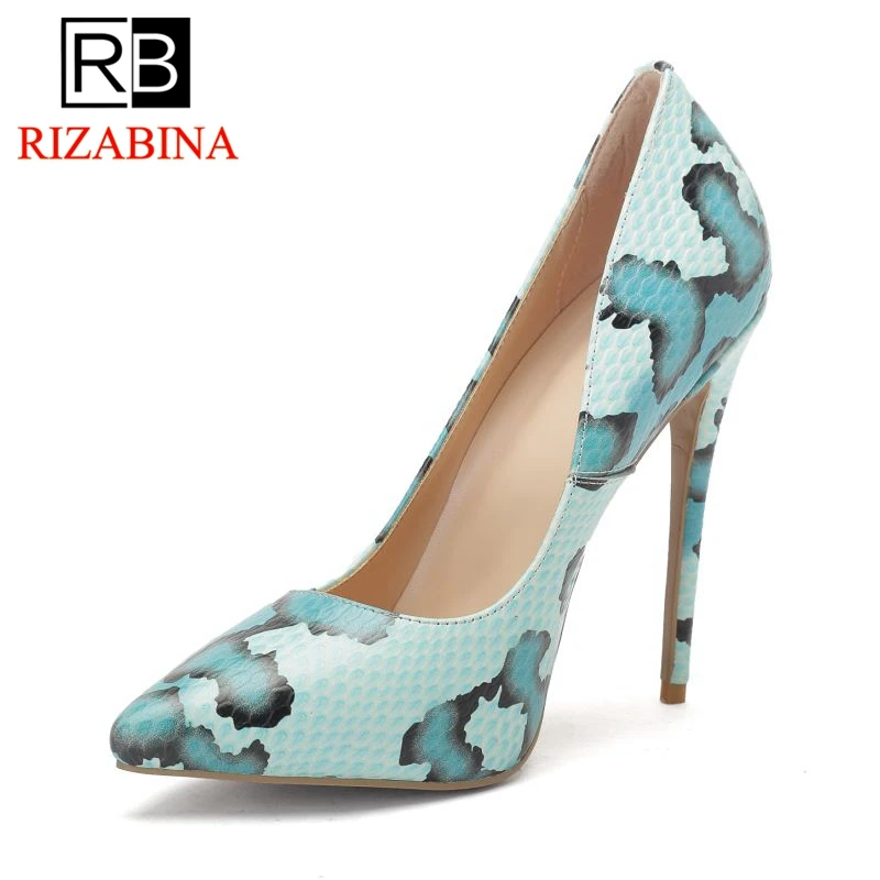 

RizaBina Size 34-44 Women Real Leather Pumps Print Pointed Toe Thin Heels Shoes Fashion Wedding Party Elegant Footwear