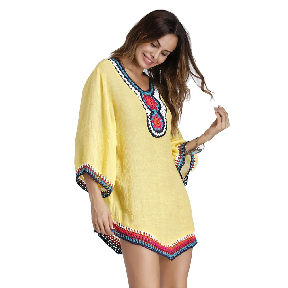 Women Femme Feminina Tee Shirt 2018 Summer Women Bohemian T-shirt Embroidery Bead Long Sleeve Casual Loose Top Long Boho T Shirt Tops