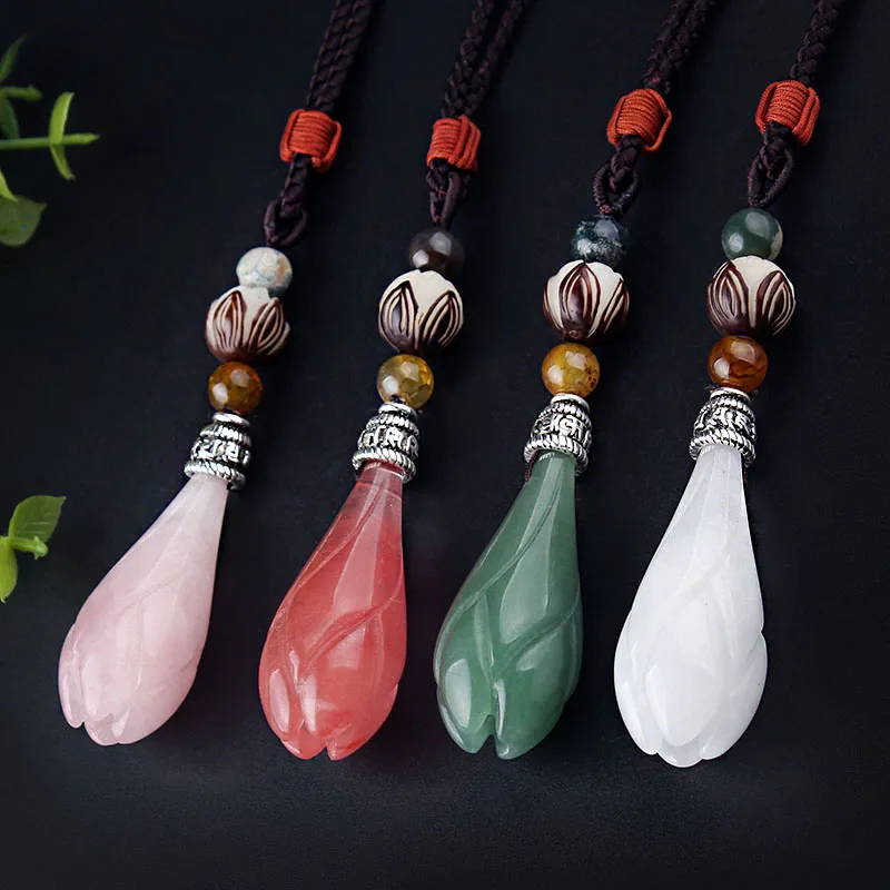 

WEIYU Fashion Watermelon Crystal/White Stone Magnolia Flower Pendant Necklace Stone Beads Lotus Bodhi Mantra Sweater Necklace
