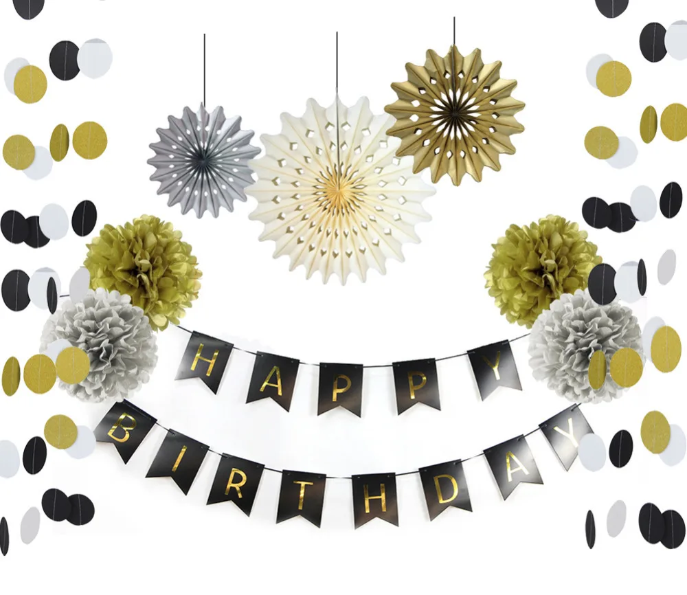 

10pcs/set Gold and Black Paper Decorations Set Happy Birthday Banner Paper Crafts for Birthday Party Baby shower