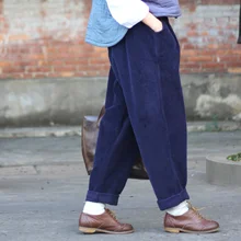 Women Retro Winter spring Loose Harem Pants Corduroy Vintage Casual Plus size Solid color Thicken Mid elastic waist trousers2016
