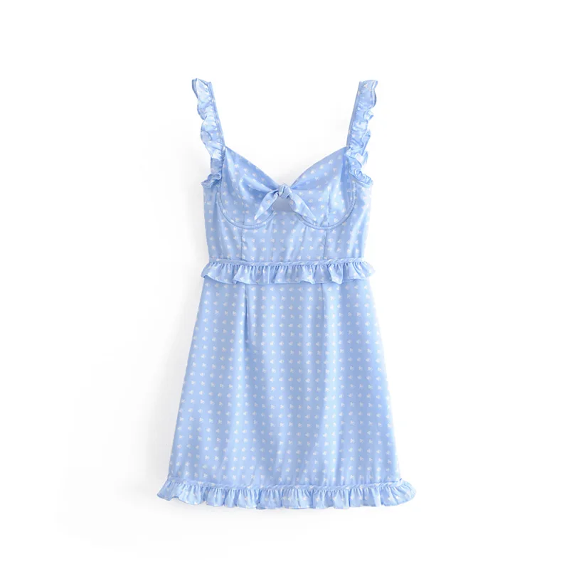 

BBWM WOMAN Sweet Blue Polka Dot Print Mini Dress Cute Girls Sexy Lace-Up Strapless Spaghetti Strap Dress Casual Vestidos