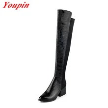 Snakeskin Pattern Knee Boots 2015 Square Heel Long Boots Pointed Toe Womens Shoe Winter Cowhide Snakeskin
