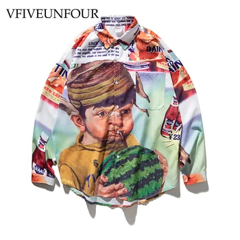 

VFIVEUNFOUR Vintage Creative Newspaper Full Printed Long Sleeve Shirts Casual Hip Hop Loose Men Women Shirt 2019 Fashion Shirts