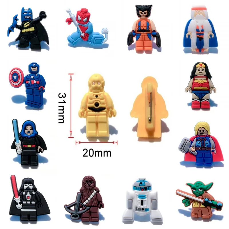 

5pcs/lot Superhero Action Figure Cool Cartoon PVC Pins Brooches Badges Clothes/Bags/Caps Decoration Kids Favor Gift Party Supply