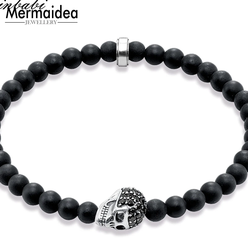 

Skull Bead 6mm Beads Matt-black Obsidian Stretch Bracelet Rebel 925 Sterling Silver Jewelry Punk Heart Gift For Men