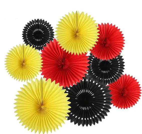 

9PCS Mixed Sizes 8" 12" 16" Yellow Black Red Paper Fan Mickey Mouse Color Party Supplies Wedding Baby Shower backdrop decor