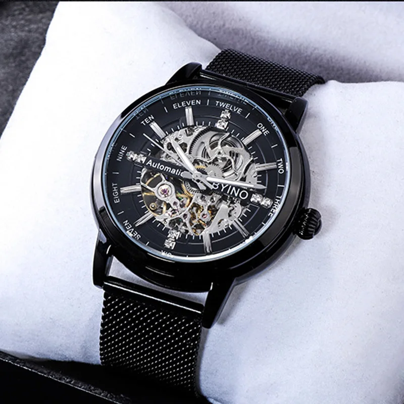 الأزياء النقي الأسود الهيكل العظمي ساعة رجالي الفاخرة الياقوت العلامة التجارية التلقائي ساعات آلية الفولاذ المقاوم للصدأ للماء الساعات جدي...