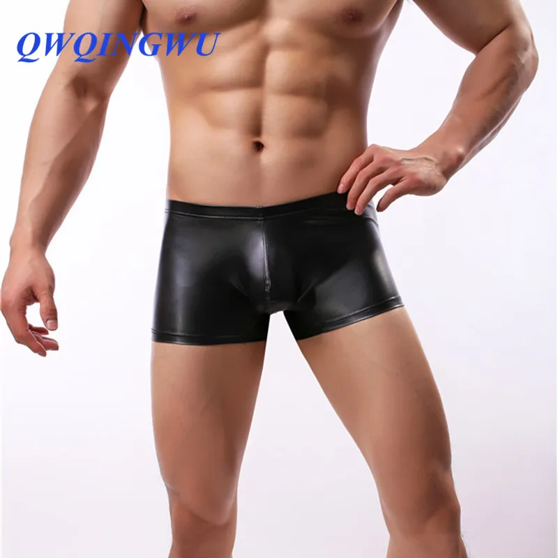 

Sexy Gay Men Boxer Boxershorts Mens PU leather U Convex Pouch Underpants Fashion Male Panties Underwear Classical Plaid Shorts