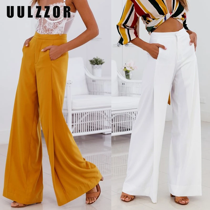 

UULZZOR Ladies Baggy High Waist Wide Leg Pants Solid 2019 Summer Long Casual Office Loose Trousers Women pantalon femme