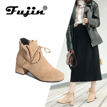 

FUJIN Brand Women Ankle Boots Winter Spring Plush Fur Keep Warm Boots Lace Up PU Leather Women Shoes Fashion for Female Shoes
