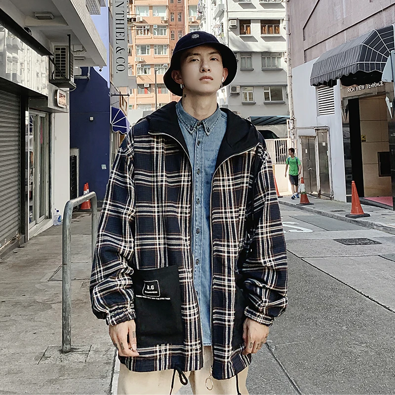 Spring New Plaid Jacket Men Fashion Retro Two-sided Wear Casual Hooded Jacket Man Streetwear Hip Hop Loose Bomber Jacket M-5XL Spring New Plaid Jacket Men Fashion Retro Two-sided Wear Casual Hooded Jacket Man Streetwear Hip Hop Loose Bomber Jacket M-5XL