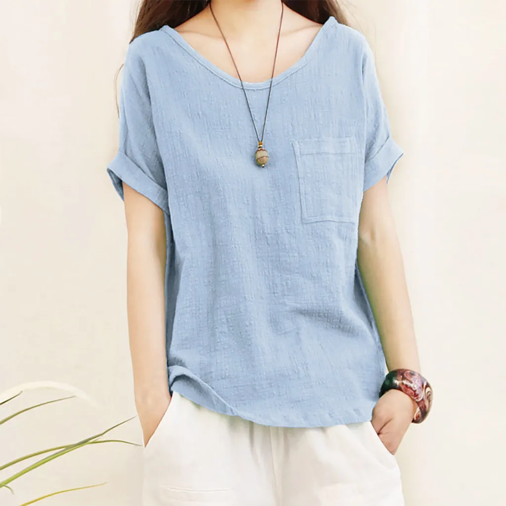 Женские летние топы с коротким рукавом и карманом из хлопка и льна, однотонные топы в Корейском стиле, roupas femininas#15 - Цвет: Blue
