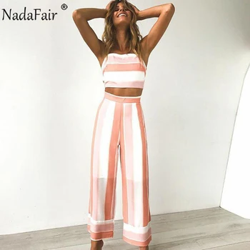 

Nadafair Women Two Pieces Set Back Bow Summer Casual Rompers Long Pants Striped Jumpsuit