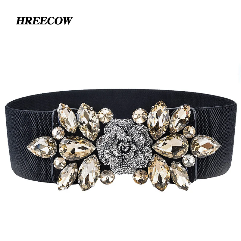 

Hot European and American woven elastic Artificial crystal wide belt lady fashion Cummerbunds Female Rose belts for girdle women