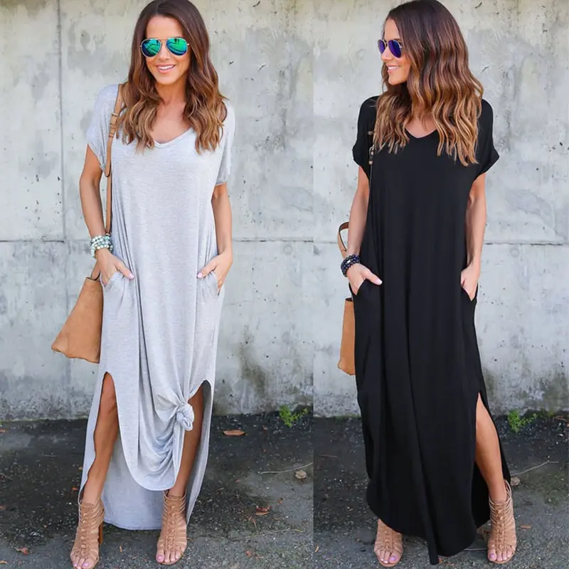 

Women's Casual Loose Pocket Long Dress Women Short Sleeve Long Dresses Women T Shirt Dress Solid Color Vintage V-neck