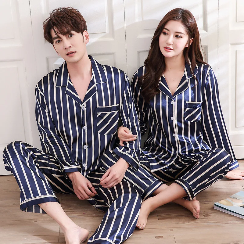 Satin Couples Pajamas Blue Stripe Pyjamas Women Sleepwear Spring Autumn ...