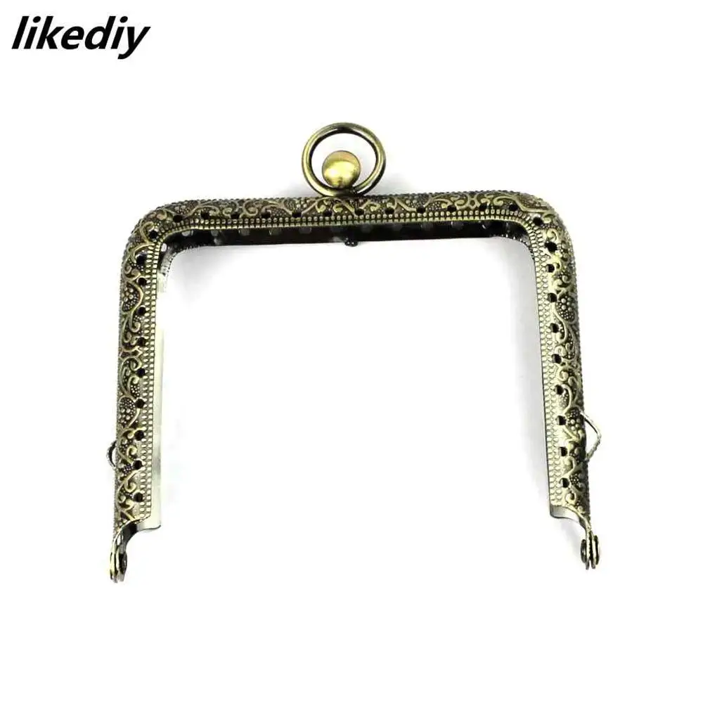 

1 Piece 9*7.5 cm tall feet carved embossed edge round buckle bronze square metal purse frame handle for DIY bag accessory