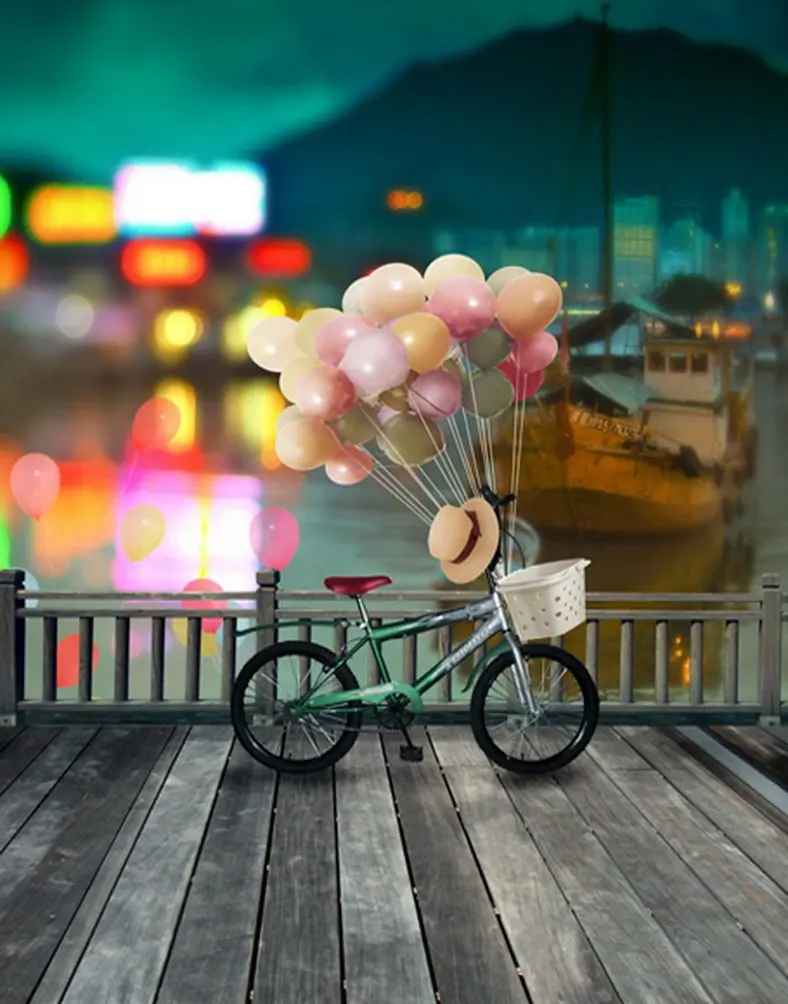

5x7ft River Wooden Bridge Bicycle Balloon Photography Backdrops Photo Props Studio Background