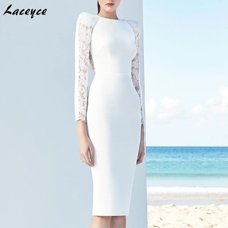 Laceyce 2017 Elegant Autumn Dress Chic White Floral Lace Long Sleeve Back Zipper Party Dress Sexy Women Celebrity Bandage Dress long-white-lace-dress