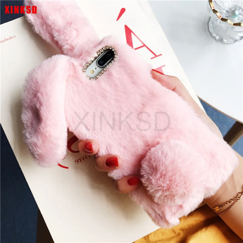 

3D cute Rabbit Fur Silicone Phone Cases For iPhone XS Max XR X 8 7 6 s 6s Plus Bling Diamond Rhinestone Plush Bunny For Girls