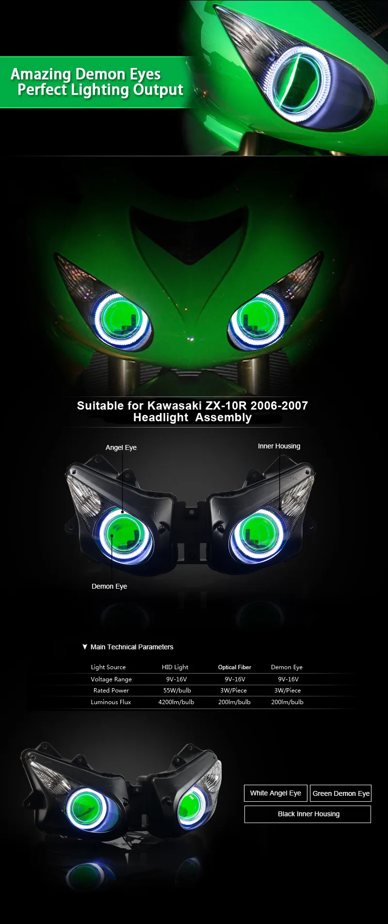 Kt мотоцикл Frontlight фар в сборе, пригодный для Kawasaki ZX-10R ZX10R 06- 07 HID проектор зеленый демон глаз 2006 2007
