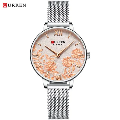 CURREN 9065, женские часы из нержавеющей стали, стильный топ-браслет, классические кожаные кварцевые наручные часы, простые женские часы с цветком из розового золота - Цвет: Silver 1