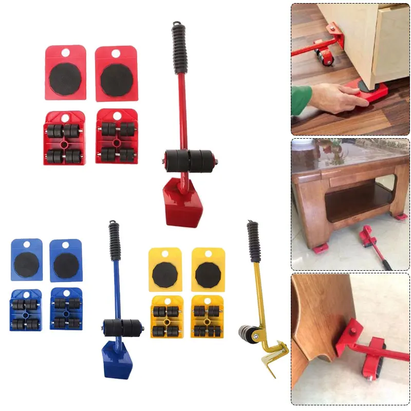 

Furniture Mover Tool Set Furniture Transport Lifter Heavy Stuffs Moving Tool 4 Wheeled Mover Roller+1 Wheel Bar Hand Tools Set