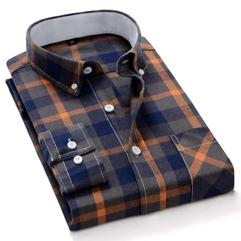 

Men's Casual Standard Regular-fit Gingham Plaid Brushed Shirt with Pocket Long-Sleeve Contrasting Neckband Button-down Shirts