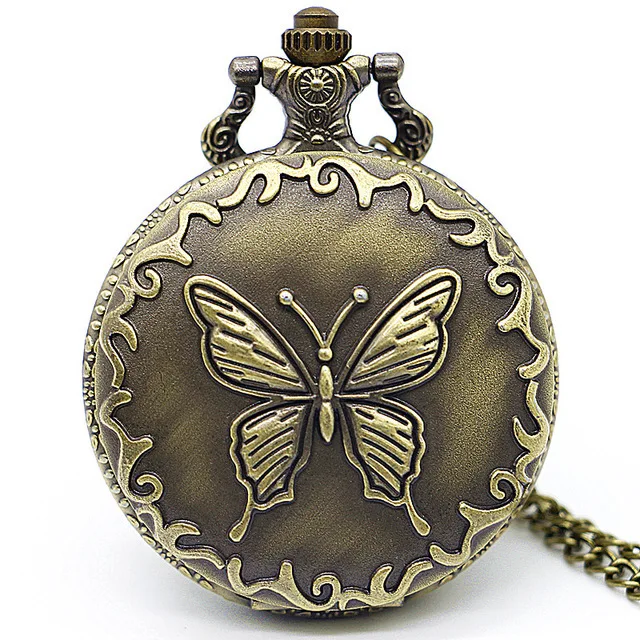 Прямая винтажные бронзовые Кварцевые карманные часы бабочка резьба мода унисекс Карманные и брелоки часы уникальные подарки