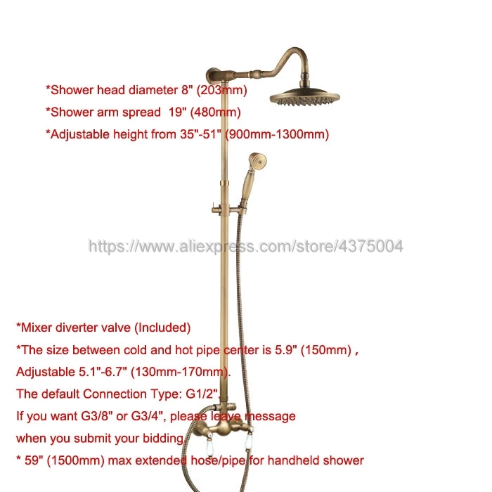 Antique Brass Wall Mounted Shower Set Faucet Dual Handle with Hand Sprayer Bathroom Shower Mixers 8" Rainfall Nan513