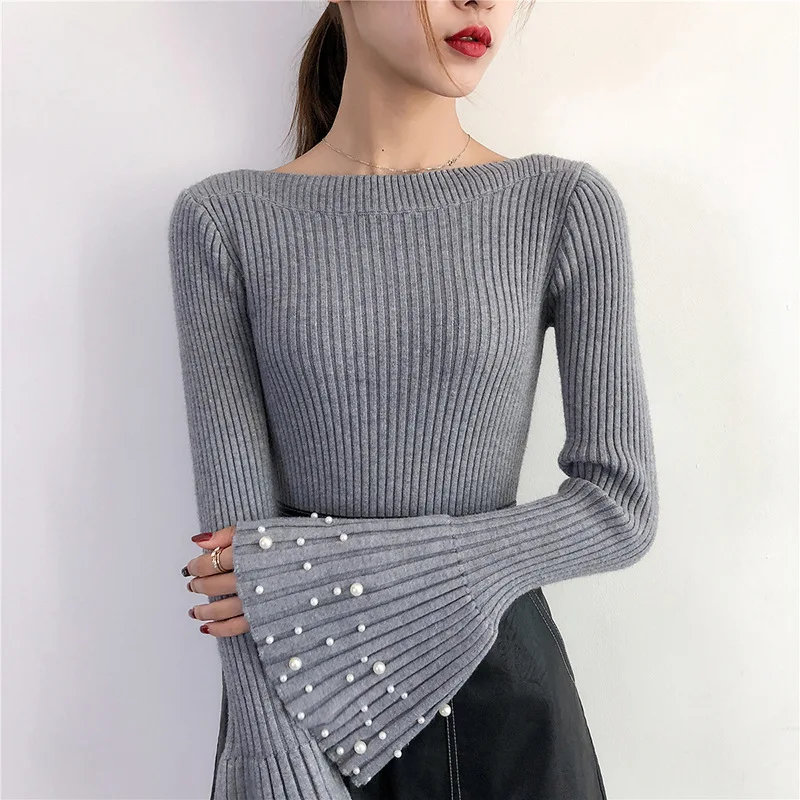 2019 Autumn Women Thick Sweater Warm Outerwear New Style Fashion Beading Sleeve Pullover Winter Slash Neck Sweater Female D215