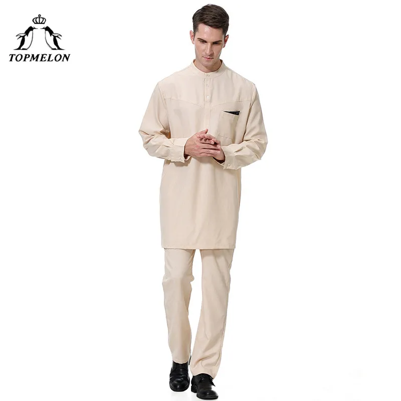 TOPMELON Qatar Kurta Арабский мусульманский ислам комплект одежды мужские juba thebe топы и брюки S-3XL размера плюс новая модная одежда - Цвет: khaki